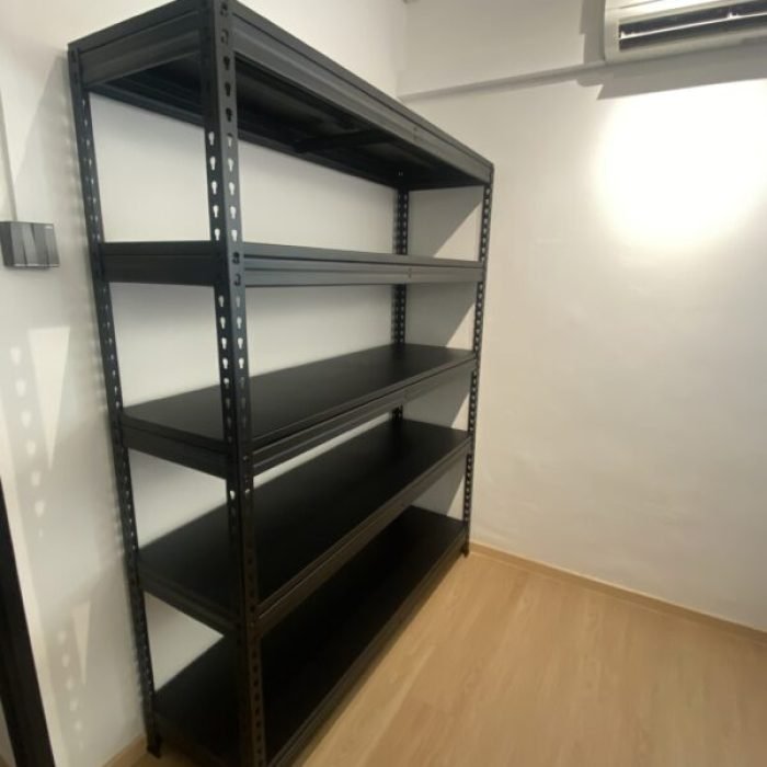 metal storage racks with stacked boxes