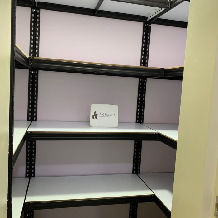 Close-up of sturdy metal racking