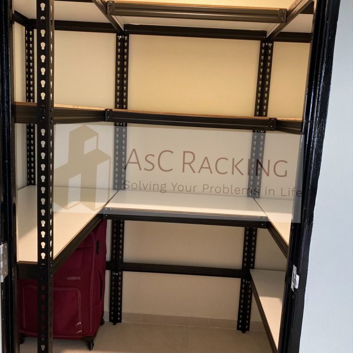 metal racks and stored goods