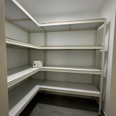 PVC laminated L-shaped shelving unit